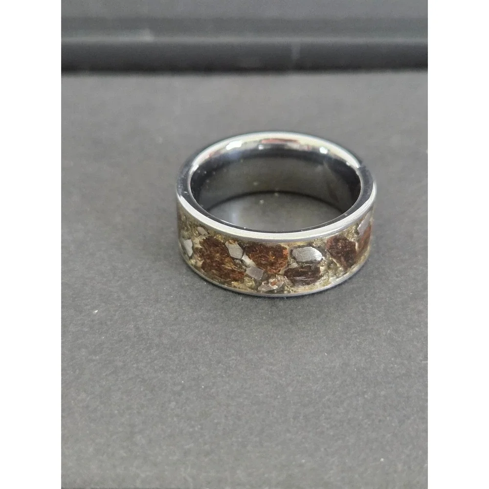 Unique T-Rex Fossil, Meteorite, Pyrite, & Quartz Crystal, Tungsten Ring Size 7.5